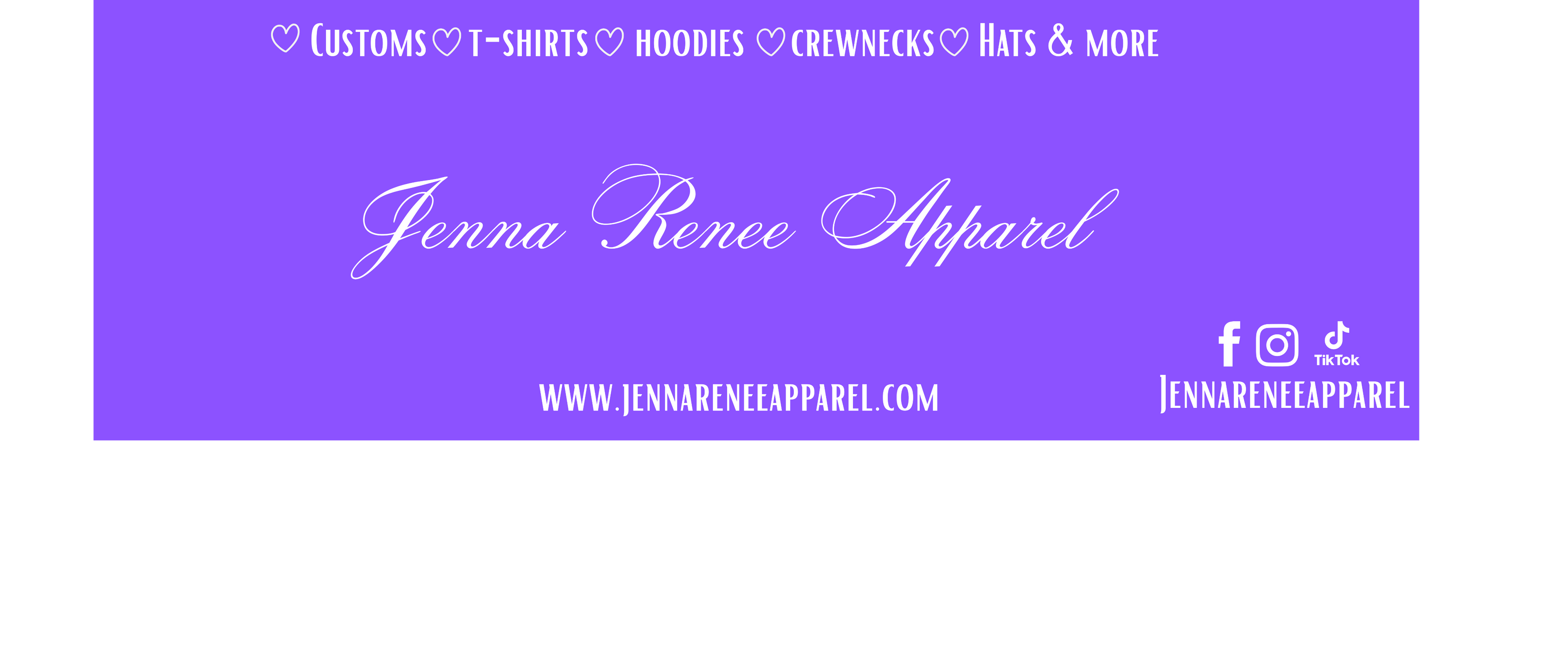 Jenna Renee Apparel banner with website and social media information on a purple background