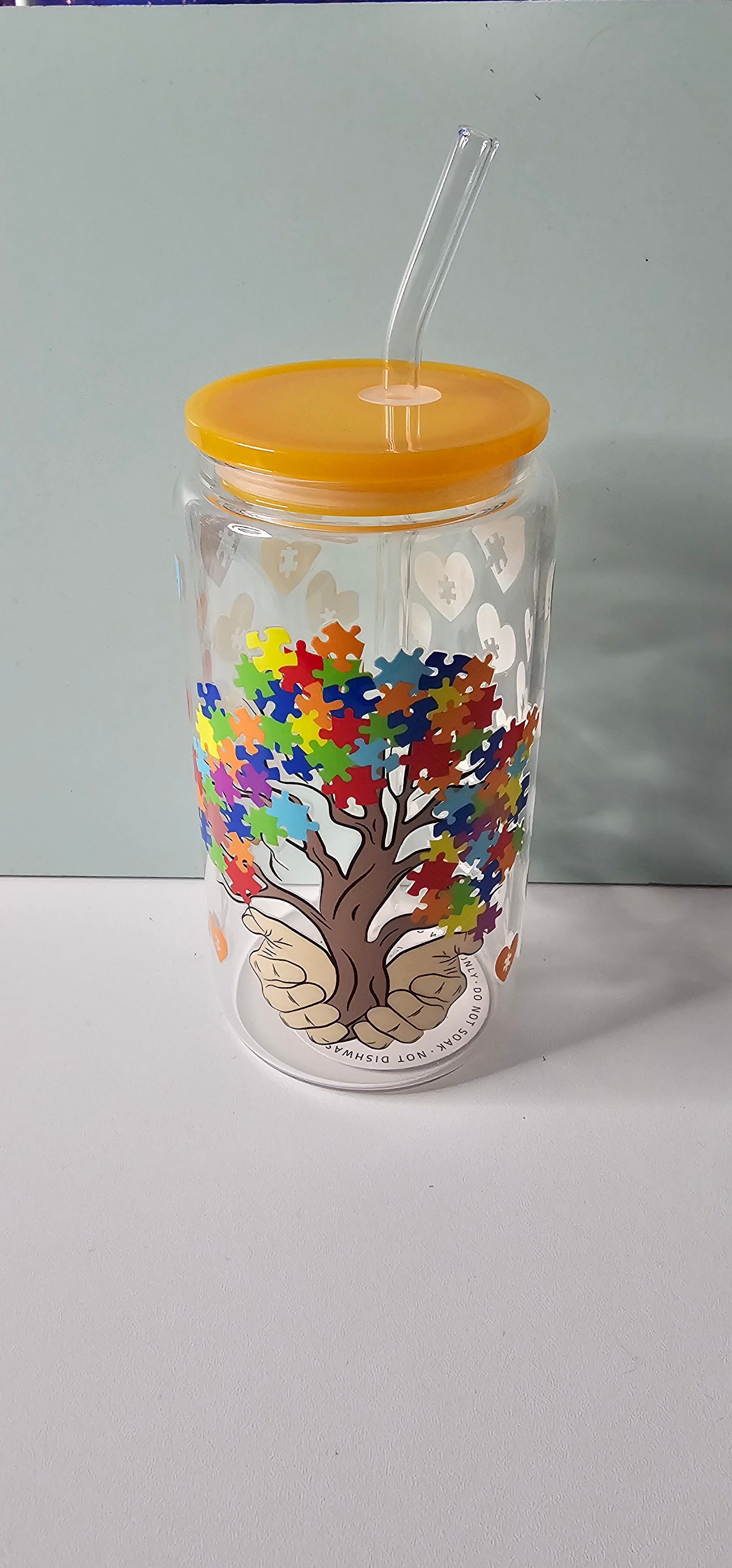 16 oz glass Autism awareness cup