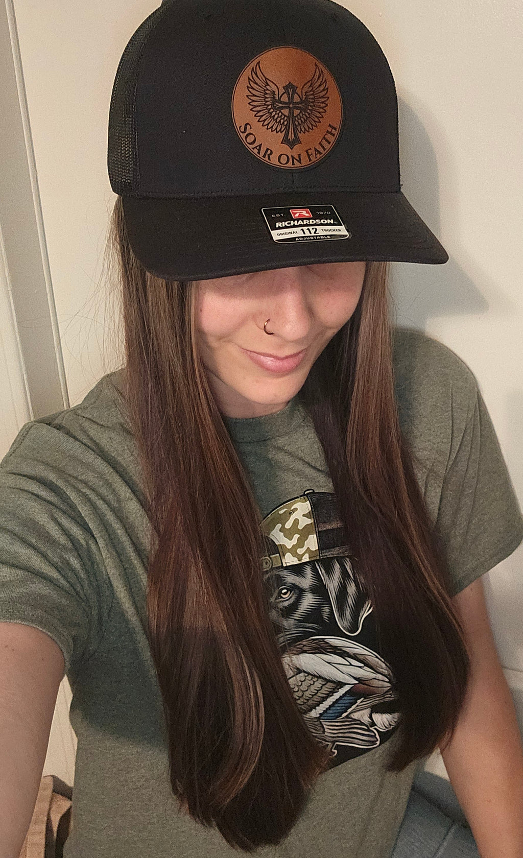 Richardson soar on faith trucker hat black with brown patch