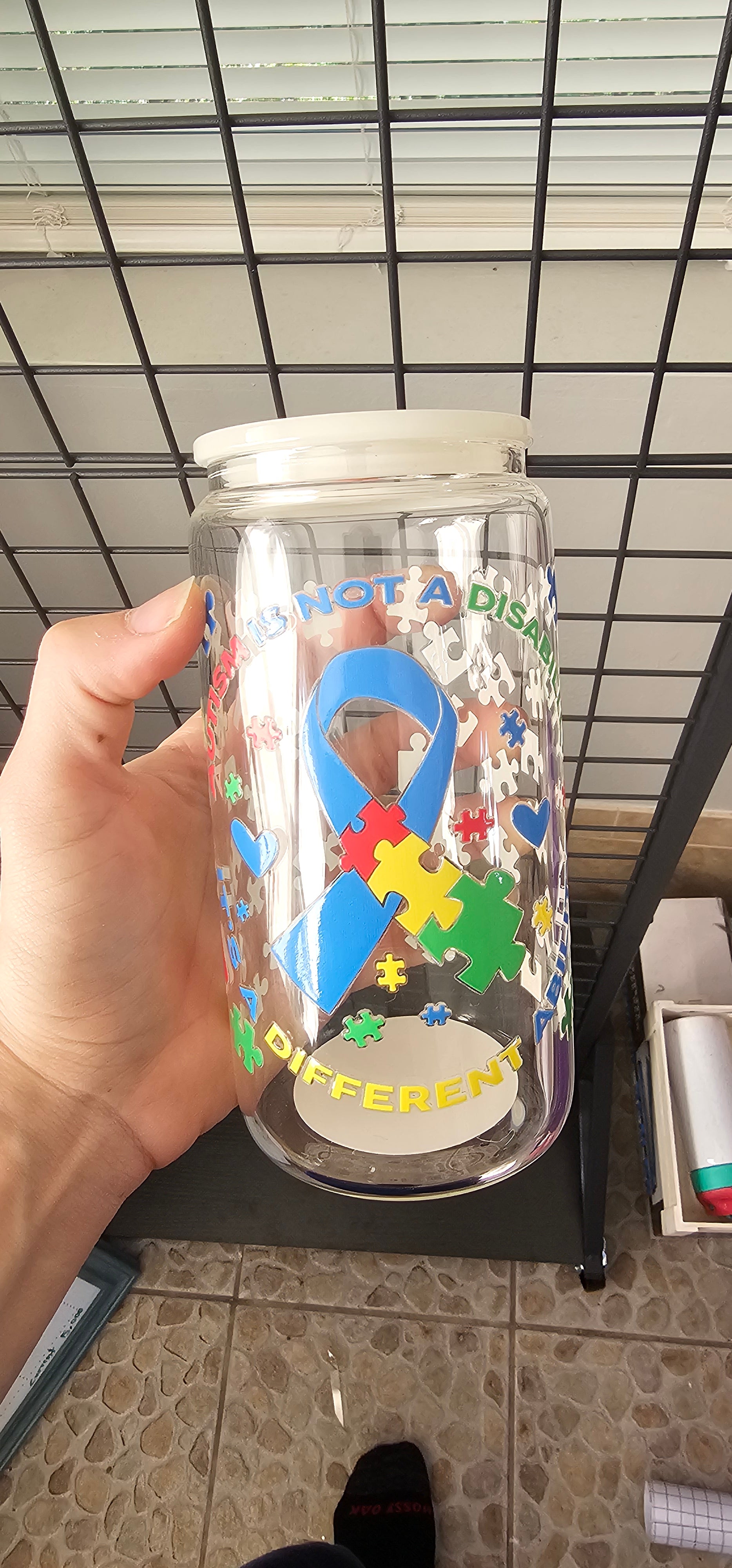 Autism awareness glass cup